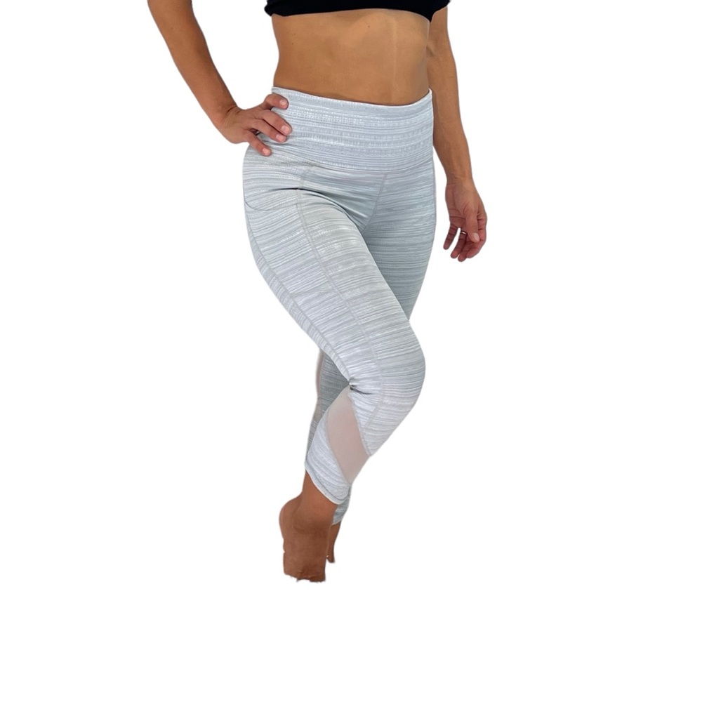 ATHLETA Chaturanga Jaquard Gray White Mid Rise Ankle Leggins Size Small